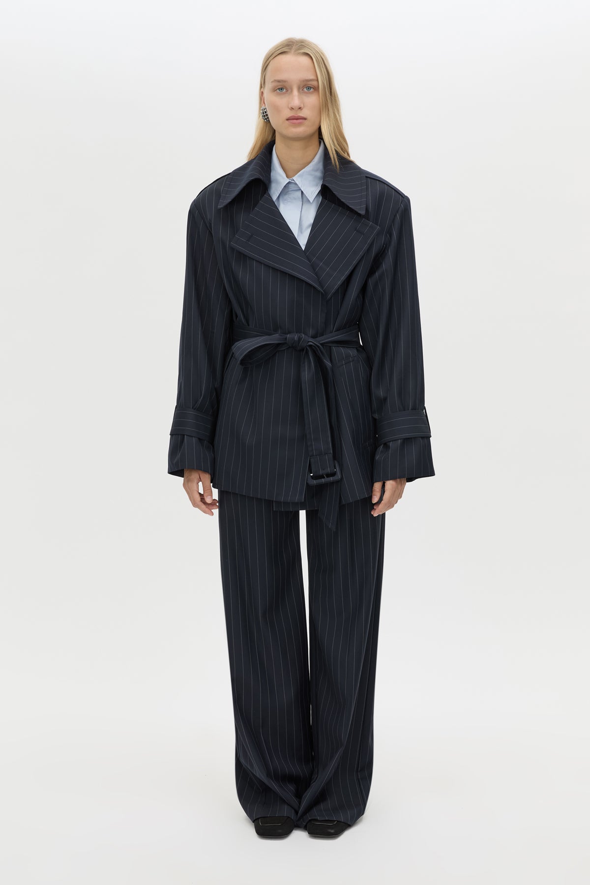 Front view CAMILLA AND MARC Brody Pant in Navy Stripe with a wide‑leg tailored silhouette.