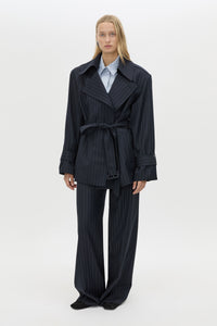 Front view CAMILLA AND MARC Brody Short Trench Coat in Navy Stripe with a relaxed silhouette.