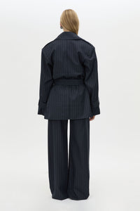 Back view CAMILLA AND MARC Brody Short Trench Coat in Navy Stripe with a relaxed silhouette.