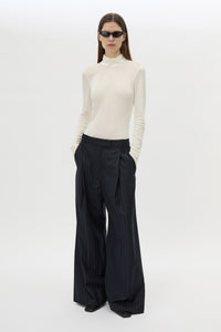 Front View - CAMILLA AND MARC Brody wide leg tailored navy stripe pant with fixed waistband.