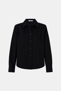 Ghost view CAMILLA AND MARC Caden Denim Shirt in True Black with shoulder pads and embroidered monogram detailing.