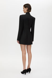 Back view CAMILLA AND MARC Caius Tailored Mini Dress in Black with double‑breasted button closure.