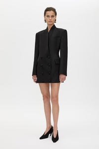 Front view CAMILLA AND MARC Caius Tailored Mini Dress in Black with double‑breasted button closure.