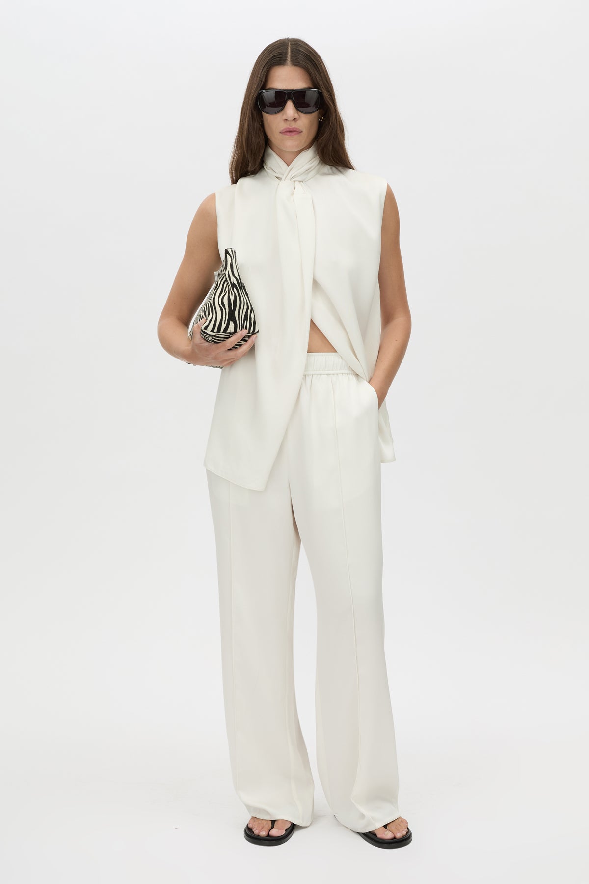 Front view CAMILLA AND MARC Cameo Pant in Cream with a relaxed wide‑leg silhouette.