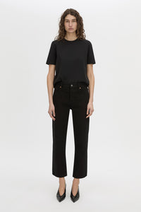 Front styled view CAMILLA AND MARC short sleeve Carmen Shoulder Pad Tee in black with strong shoulder design. 