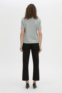 Back view CAMILLA AND MARC short sleeve Carmen Shoulder Pad Tee in grey marle with strong shoulder design.