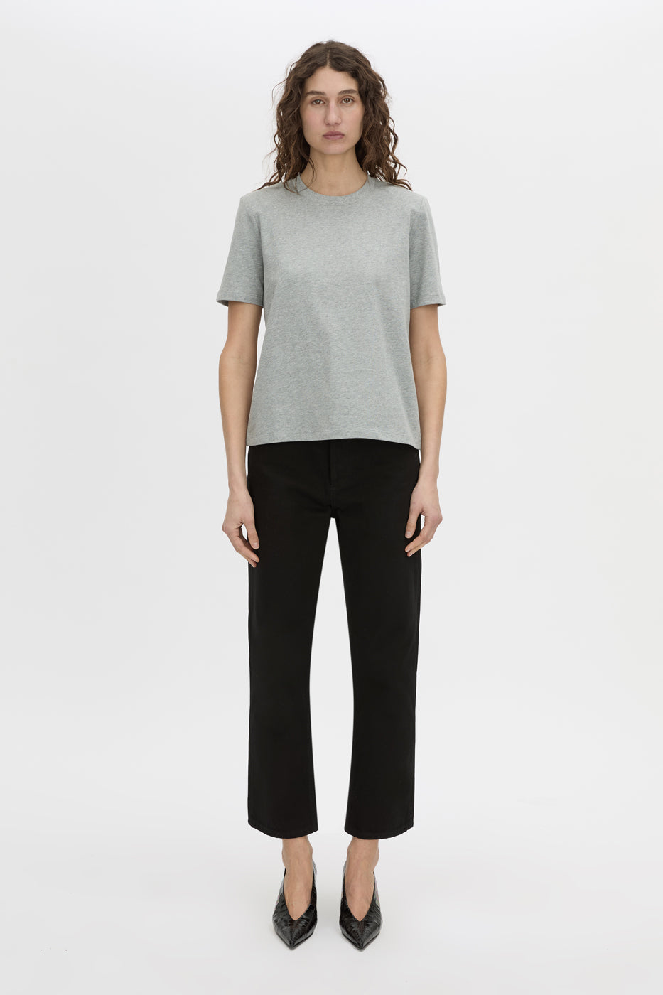 Front view CAMILLA AND MARC short sleeve Carmen Shoulder Pad Tee in grey marle with strong shoulder design.