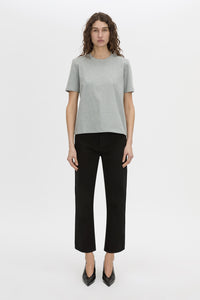 Front view CAMILLA AND MARC short sleeve Carmen Shoulder Pad Tee in grey marle with strong shoulder design.