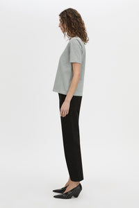 Side view CAMILLA AND MARC short sleeve Carmen Shoulder Pad Tee in grey marle with strong shoulder design.