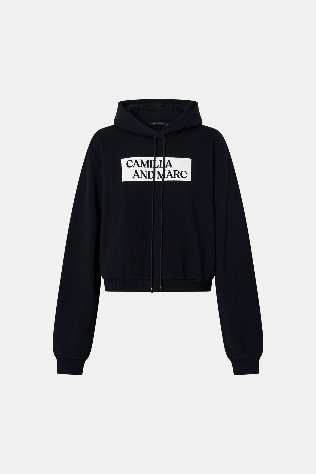 Ghost view CAMILLA AND MARC Carmont Graphic Hoodie in Black with boxy fit and black graphic logo.