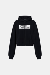 Ghost view CAMILLA AND MARC Carmont Graphic Hoodie in Black with boxy fit and black graphic logo.