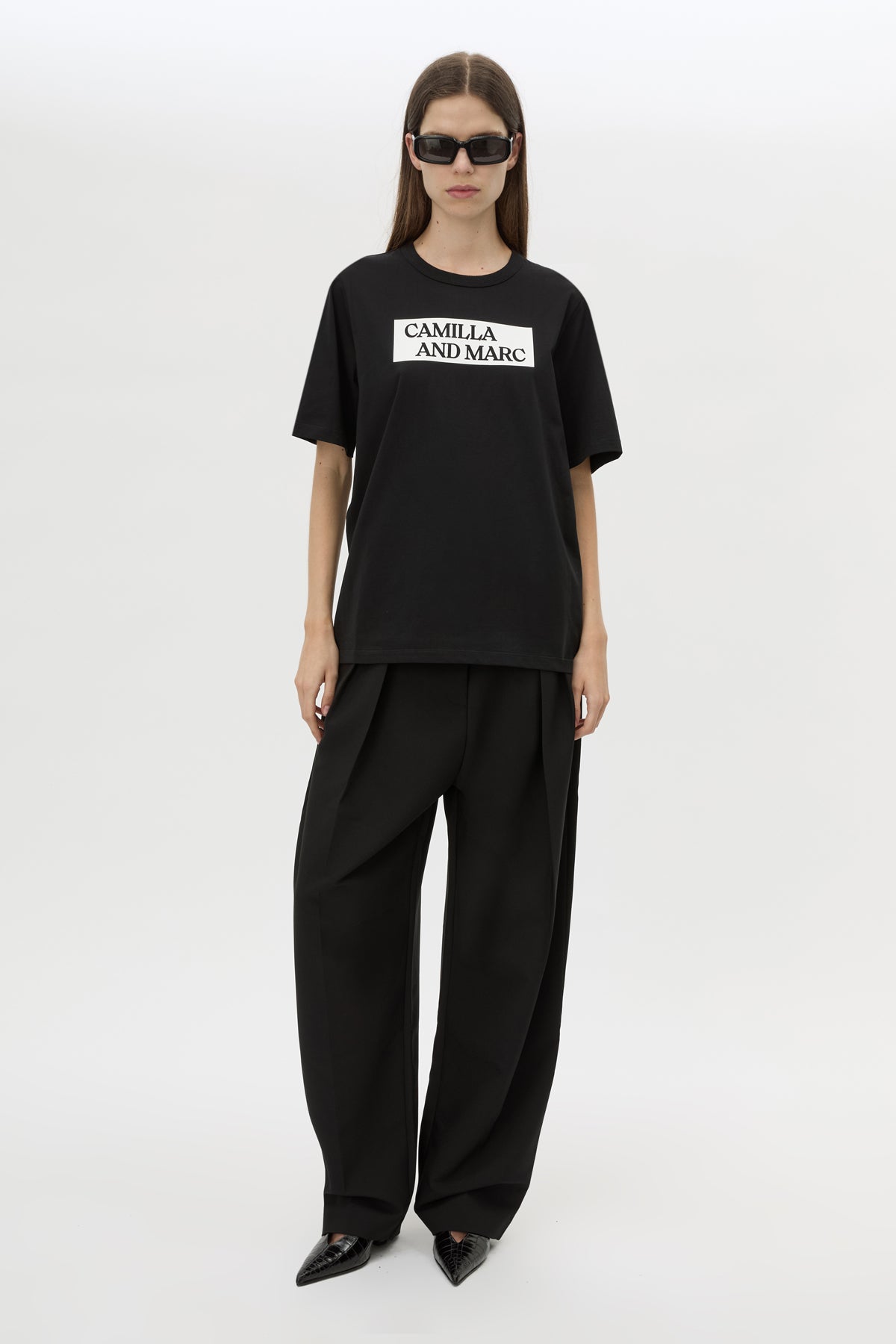 Front view CAMILLA AND MARC Carmont Graphic Tee in Black with white graphic logo.