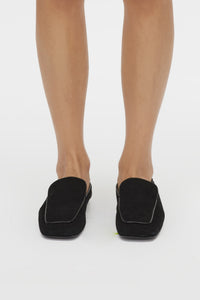 Front view CAMILLA AND MARC Carolyn Loafer in Black Italian leather with square toe and slip‑on design.  