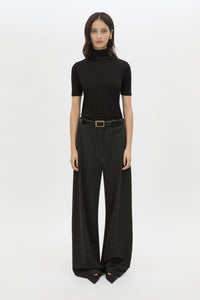 Front View - CAMILLA AND MARC Casio drop crotch check pant in charcoal grey. Side and back pockets. 