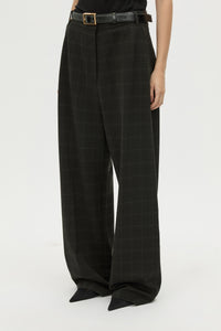 Detail View - CAMILLA AND MARC Casio drop crotch check pant in charcoal grey. Side and back pockets. 