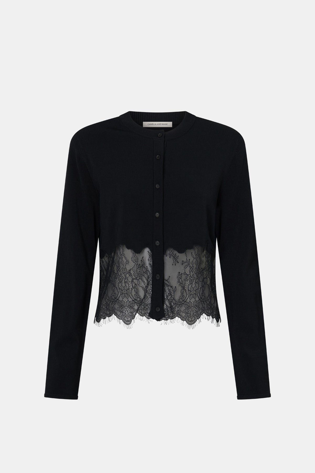 Ghost view CAMILLA AND MARC Cayana Lace Detail Cardigan in black with scalloped lace hem detail.