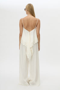 Back view CAMILLA AND MARC Chara Embroidered Cami in Cream with A‑line fit, open back, draped panels and lace hem.