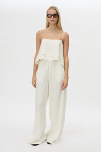 Front view CAMILLA AND MARC Chara Embroidered Cami in Cream with A‑line fit, open back, draped panels and lace hem.