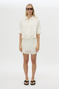 Front view CAMILLA AND MARC Chara Embroidered Cropped Shirt in Cream styled with the Chara Short.