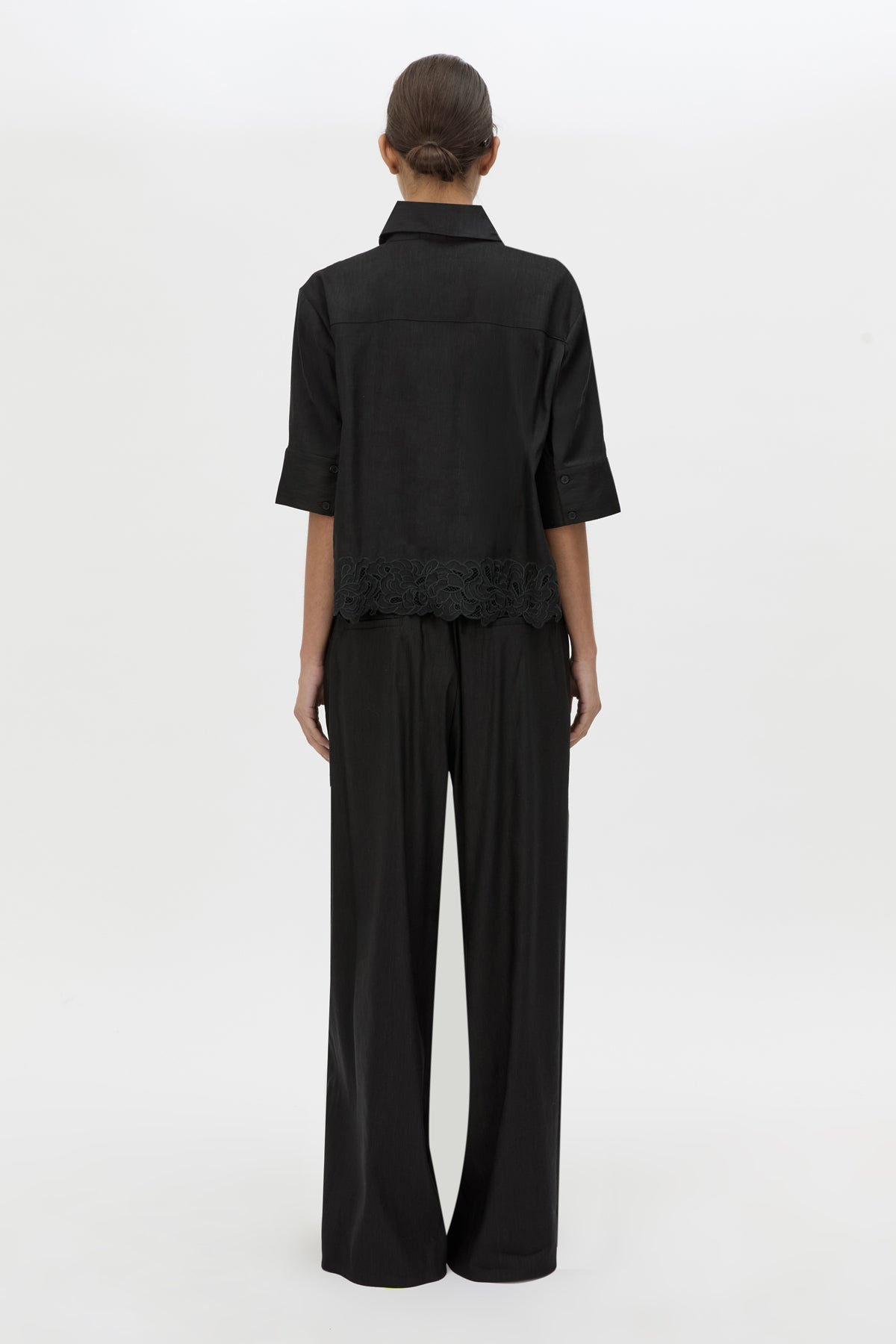Back view CAMILLA AND MARC Chara Embroidered Relaxed Pant in Black with encased elastic waistband.