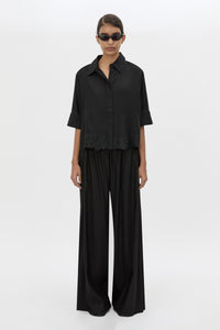 Front view CAMILLA AND MARC Chara Embroidered Relaxed Pant in Black styled with the Chara Embroidered Cropped Shirt.