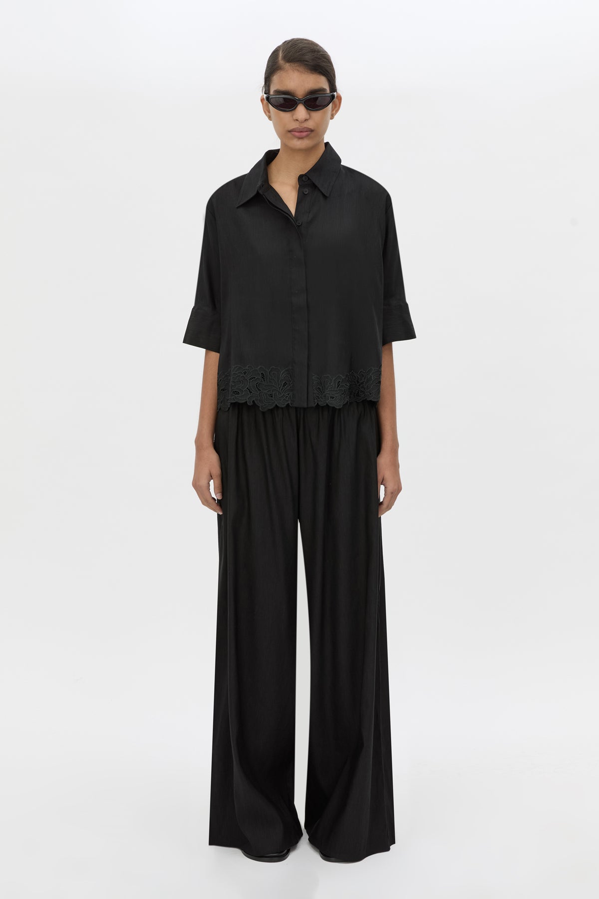 Front view CAMILLA AND MARC Chara Embroidered Relaxed Pant in Black styled with the Chara Embroidered Cropped Shirt.