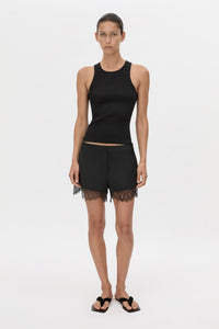 Front view CAMILLA AND MARC Chiaro Mini Short in black with lace hem detail.