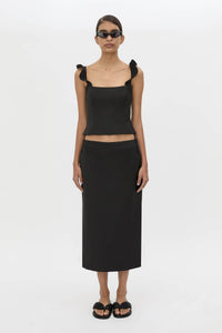 Front view CAMILLA AND MARC Chiaro Midi Skirt in black with low‑rise fit.
