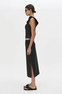 Side view CAMILLA AND MARC Chiaro Tailored Top in black with fluted ruffle straps.