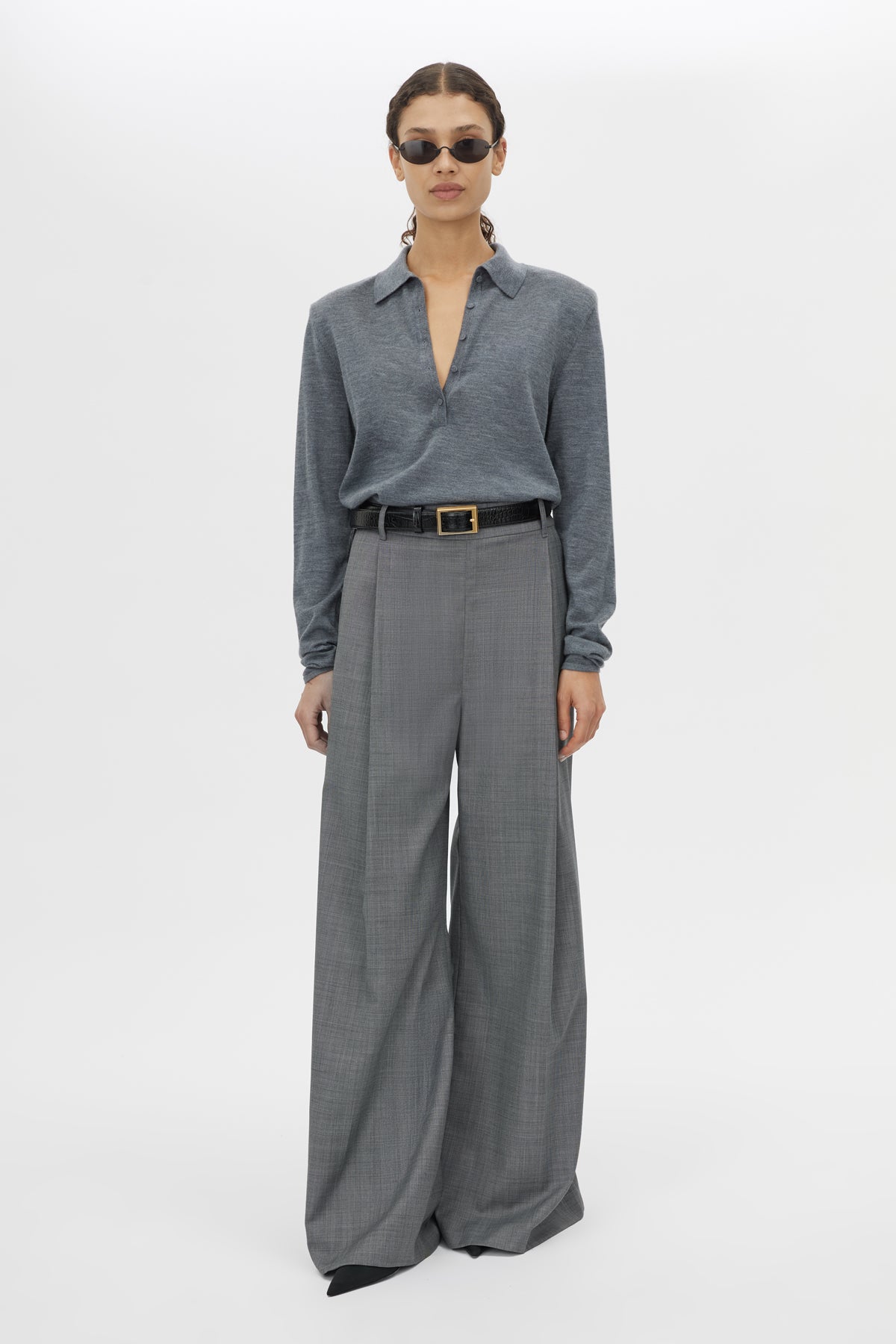 Front view CAMILLA AND MARC Chime Knit Long Sleeve Top in Charcoal Melange with merino wool polo design.