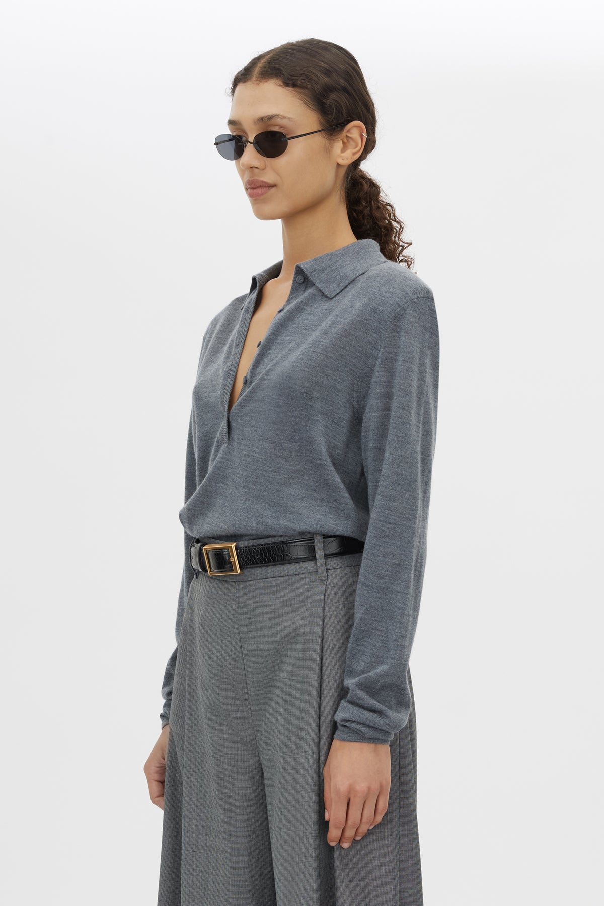 Chime Knit Long Sleeve Top - CAMILLA AND MARC Chime long-sleeve merino wool knit polo top in charcoal melange