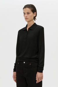 Cropped view CAMILLA AND MARC Chime long-sleeve merino wool knit polo top in black.