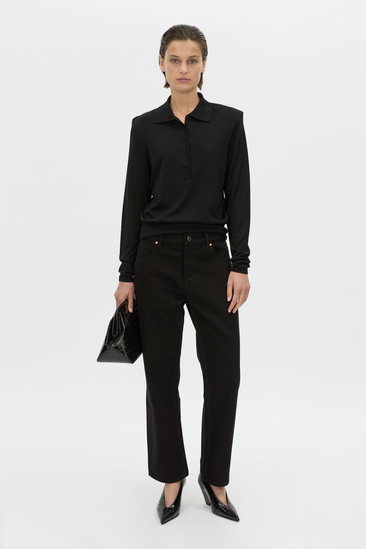 Chime Knit Long Sleeve Top - CAMILLA AND MARC Chime long-sleeve merino wool knit polo top in black