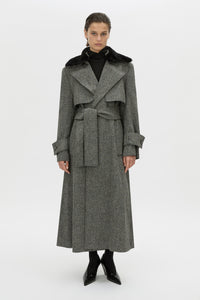 Front-styled view CAMILLA AND MARC Cinder Trench Coat in charcoal grey with detachable contrast shearling collar.