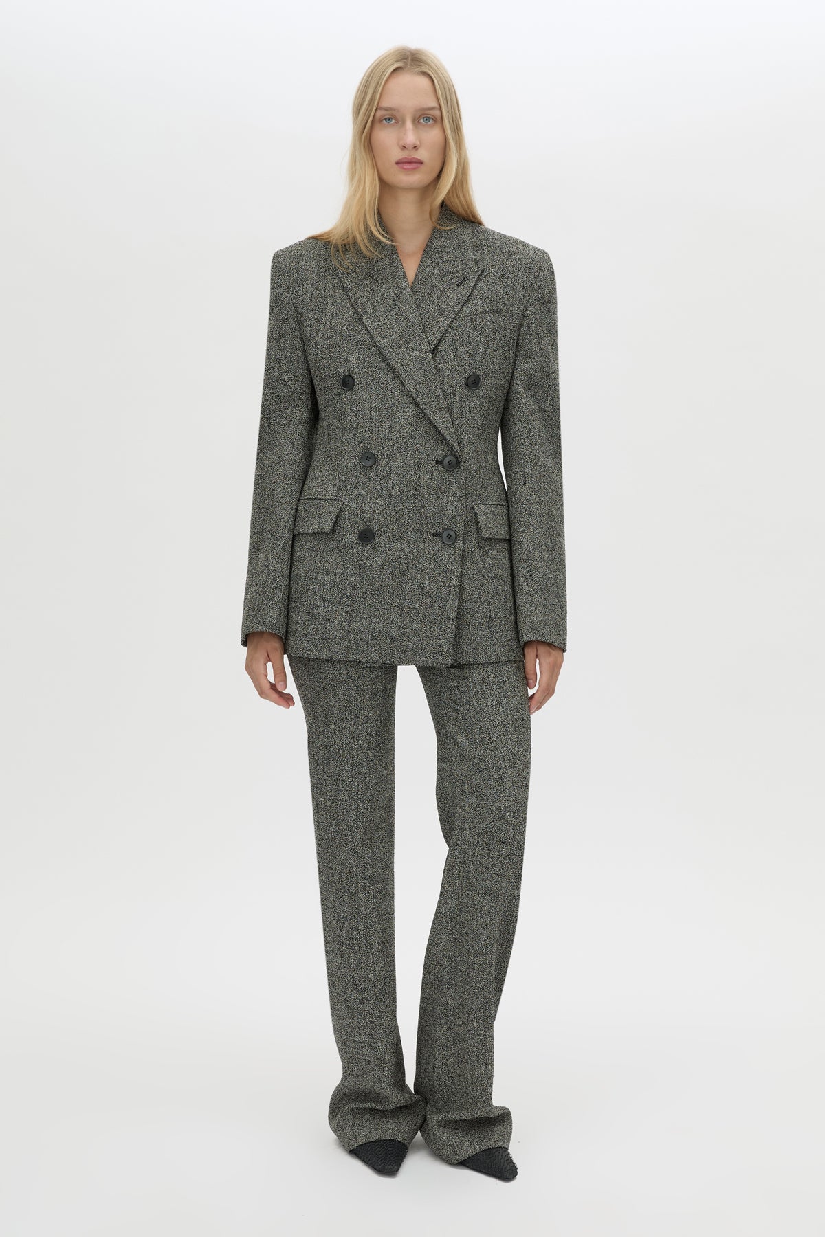 Front styled view CAMILLA AND MARC Cinder High Waisted Pant in Grey with slim leg design.