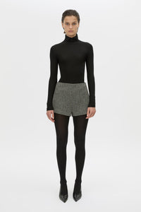 Front view CAMILLA AND MARC high waisted Cinder Mini Short in charcoal grey with invisible side seam closure.