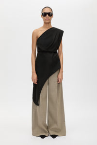 Front view CAMILLA AND MARC Ciran Asymmetric Top in Black styled with the Halden Pant.