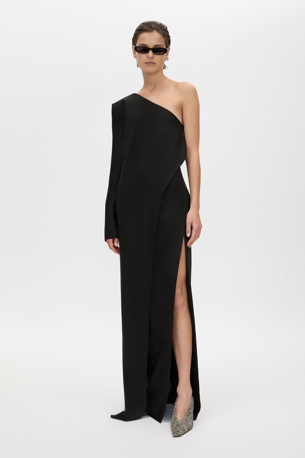 Front view CAMILLA AND MARC Ciran Asymmetric Maxi Dress in Black styled with the Wave Spotted Pump.
