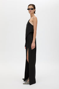 Side view CAMILLA AND MARC Ciran Asymmetric Maxi Dress in Black with one‑shoulder padded detail and 100% wool fabrication.