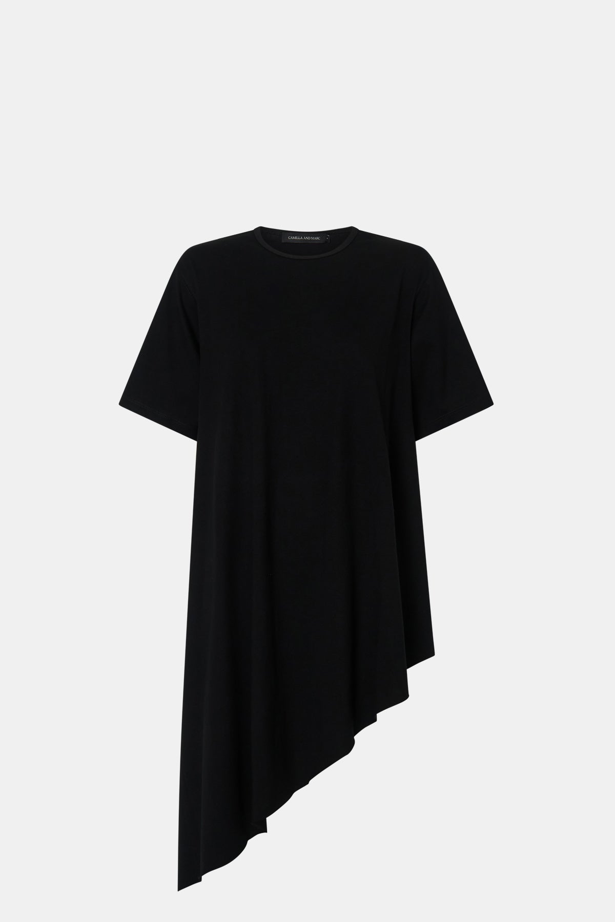 Ghost view CAMILLA AND MARC Clarity draped oversized asymmetric tee in black with raw hemline and internal french seams.