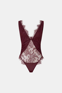 Ghost view CAMILLA AND MARC Cora V Neck Lace Bodysuit in Burgundy with scalloped lace edges, adjustable straps