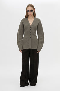 Front view CAMILLA AND MARC Crawford Knit Cardigan in Brown with wool knit finish and button‑up front.