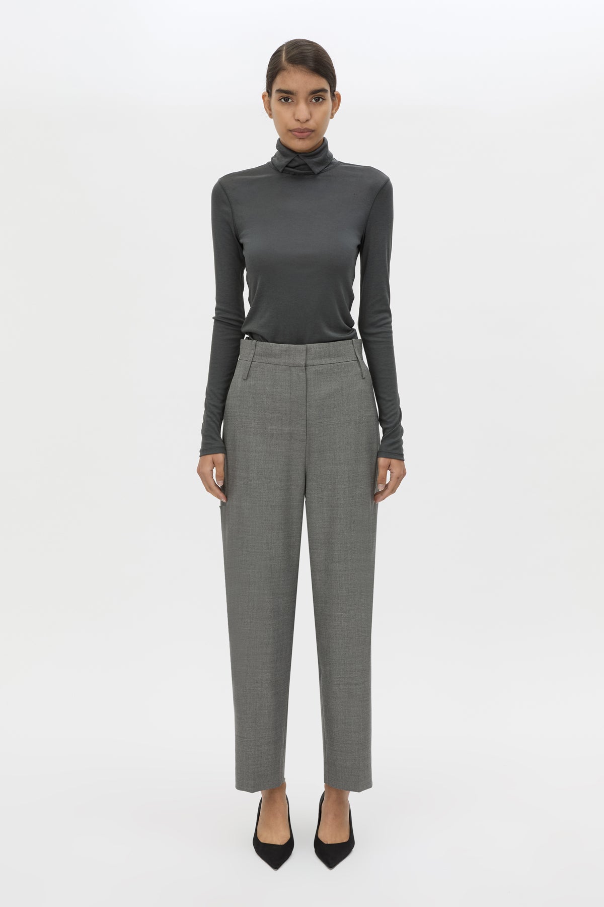 Front styled View - CAMILLA AND MARC tailored Crest Cropped Pant in grey marle.