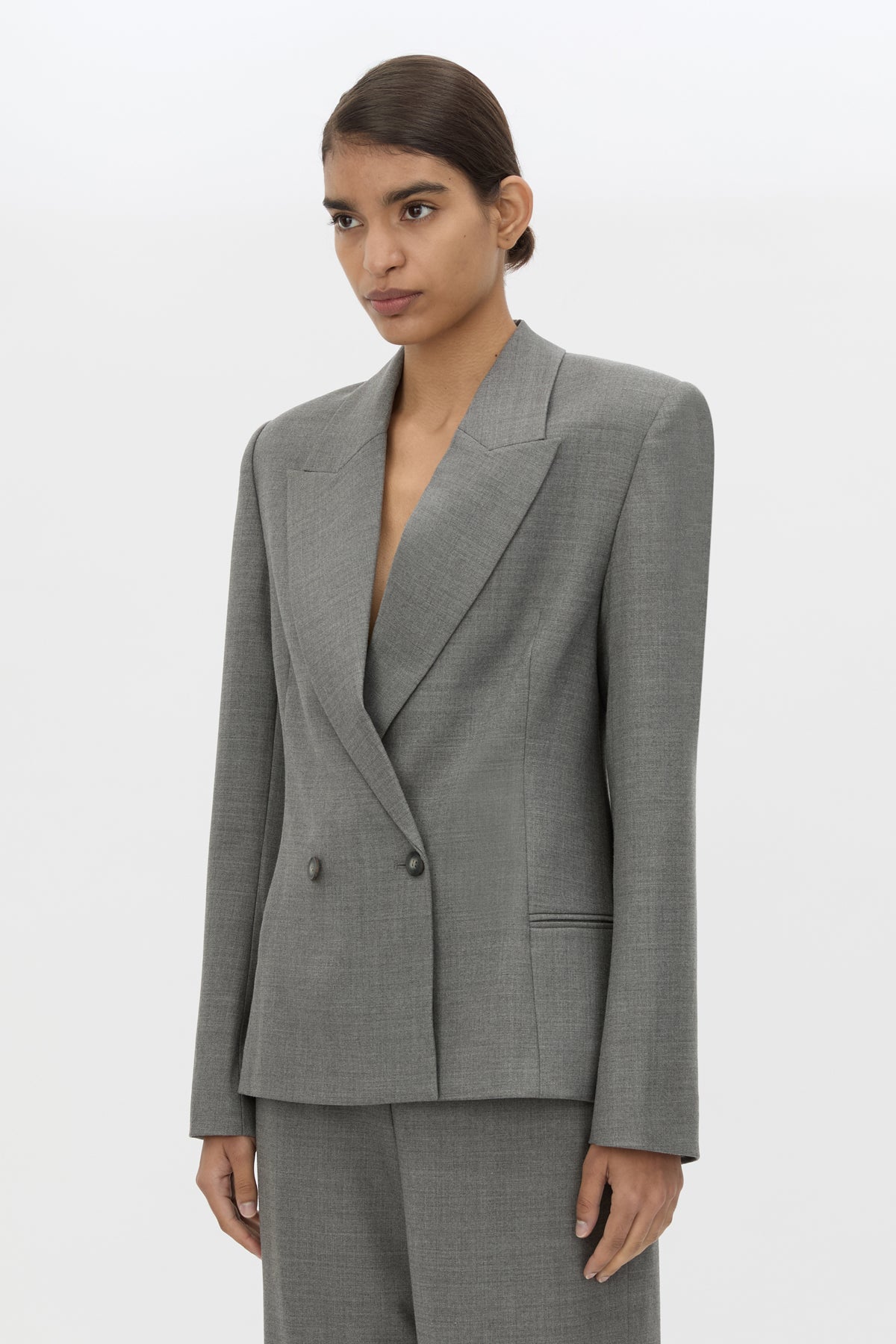 Cropped view CAMILLA AND MARC Crest Fitted Blazer in Grey Marle with double‑breasted front and sharp lapel.
