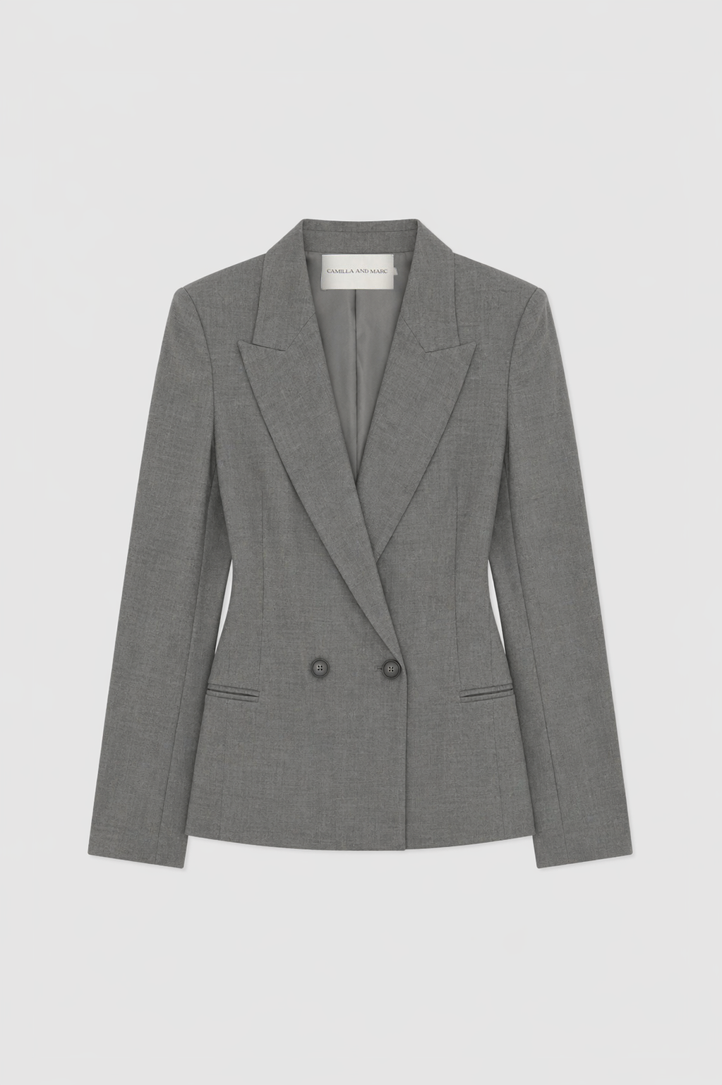 Ghost view CAMILLA AND MARC Crest Fitted Blazer in Grey Marle with double‑breasted front and sharp lapel.