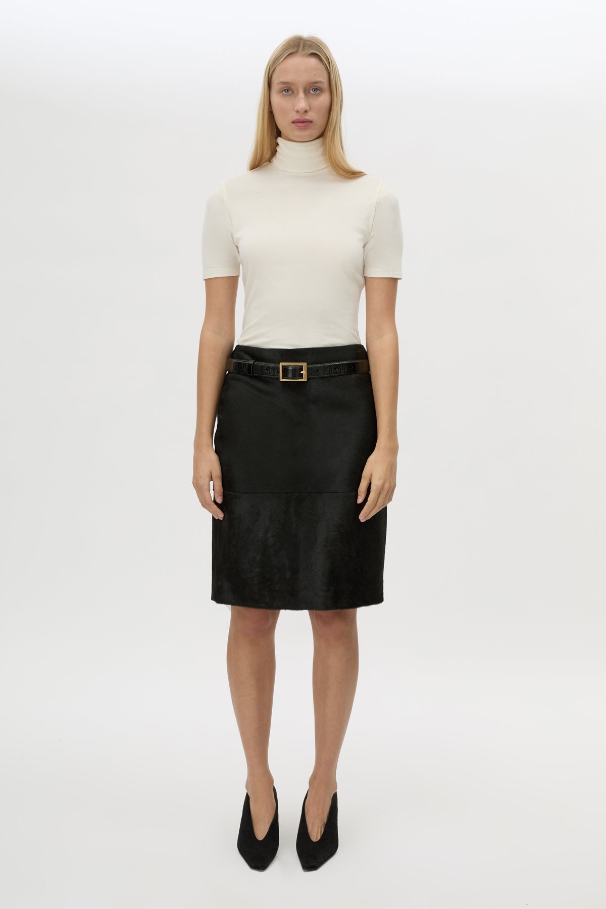 Front view CAMILLA AND MARC Dakota Elbow Sleeve Top in Cream with turtleneck silhouette.