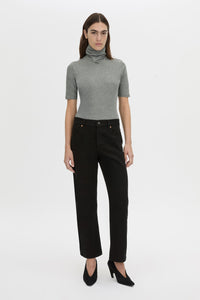 Front-styled-2 view CAMILLA AND MARC Dakota slim fit grey top with ribbed turtleneck.