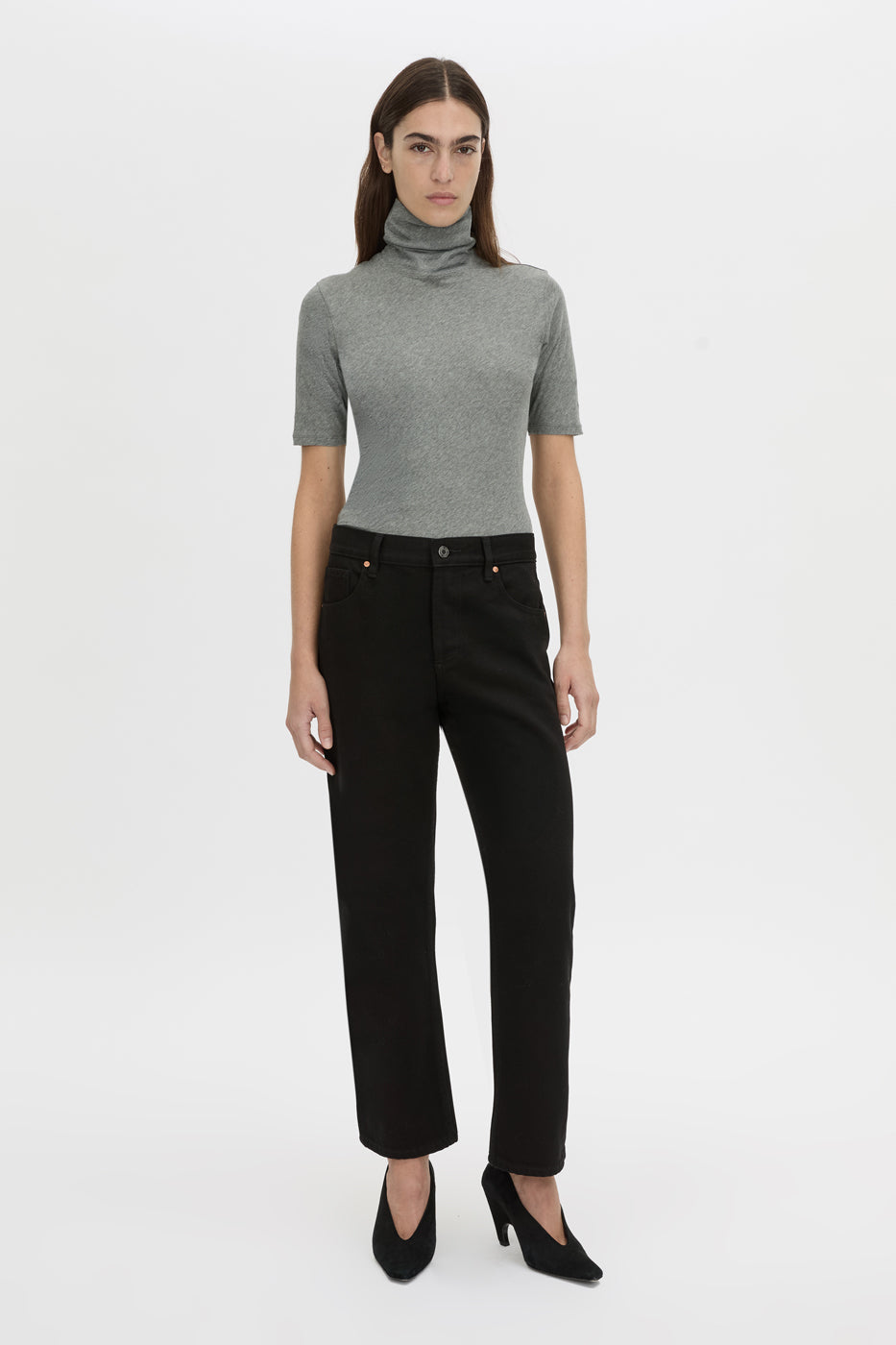 Front-styled-2 view CAMILLA AND MARC Dakota slim fit grey top with ribbed turtleneck.