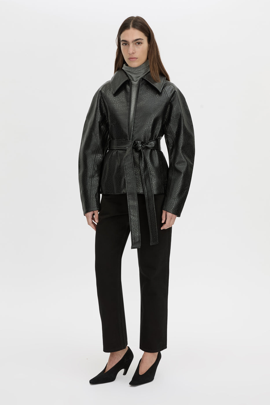 Front-styled view CAMILLA AND MARC Dakota slim fit grey top with ribbed turtleneck.