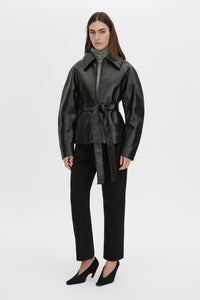 Front-styled view CAMILLA AND MARC Dakota slim fit grey top with ribbed turtleneck.